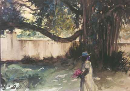 Banyan Tree by Charles Hawes - Woman with Flowers with Scenic Banyan Tree in the background