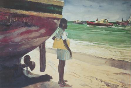 Coming Home with the Catch by Charles Hawes - scenic by the sea watercolor