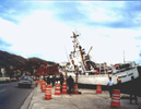 Coast Guard boat on 
dock.